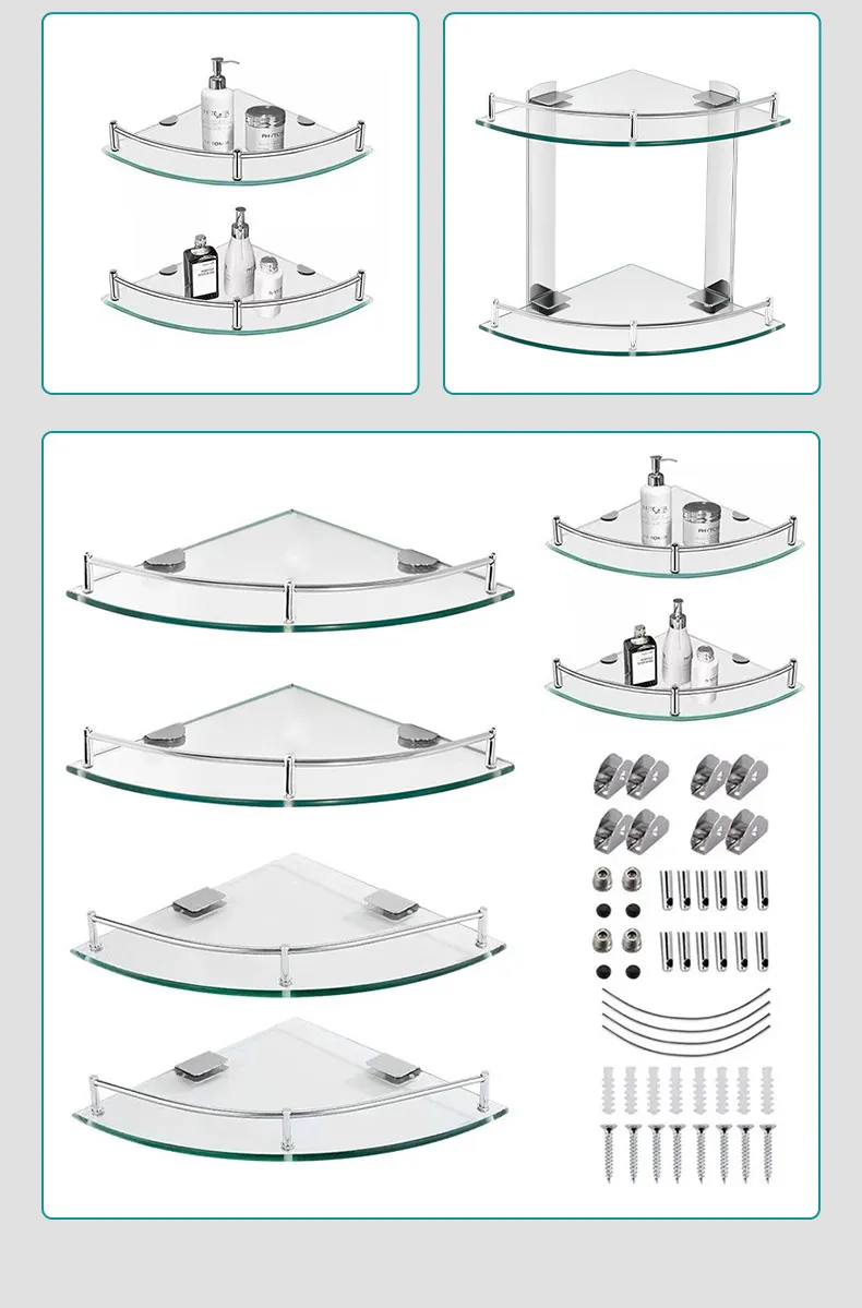 Wall Mounted One Tier Two Tier Glass Bathroom Corner Shelves Shower Room
