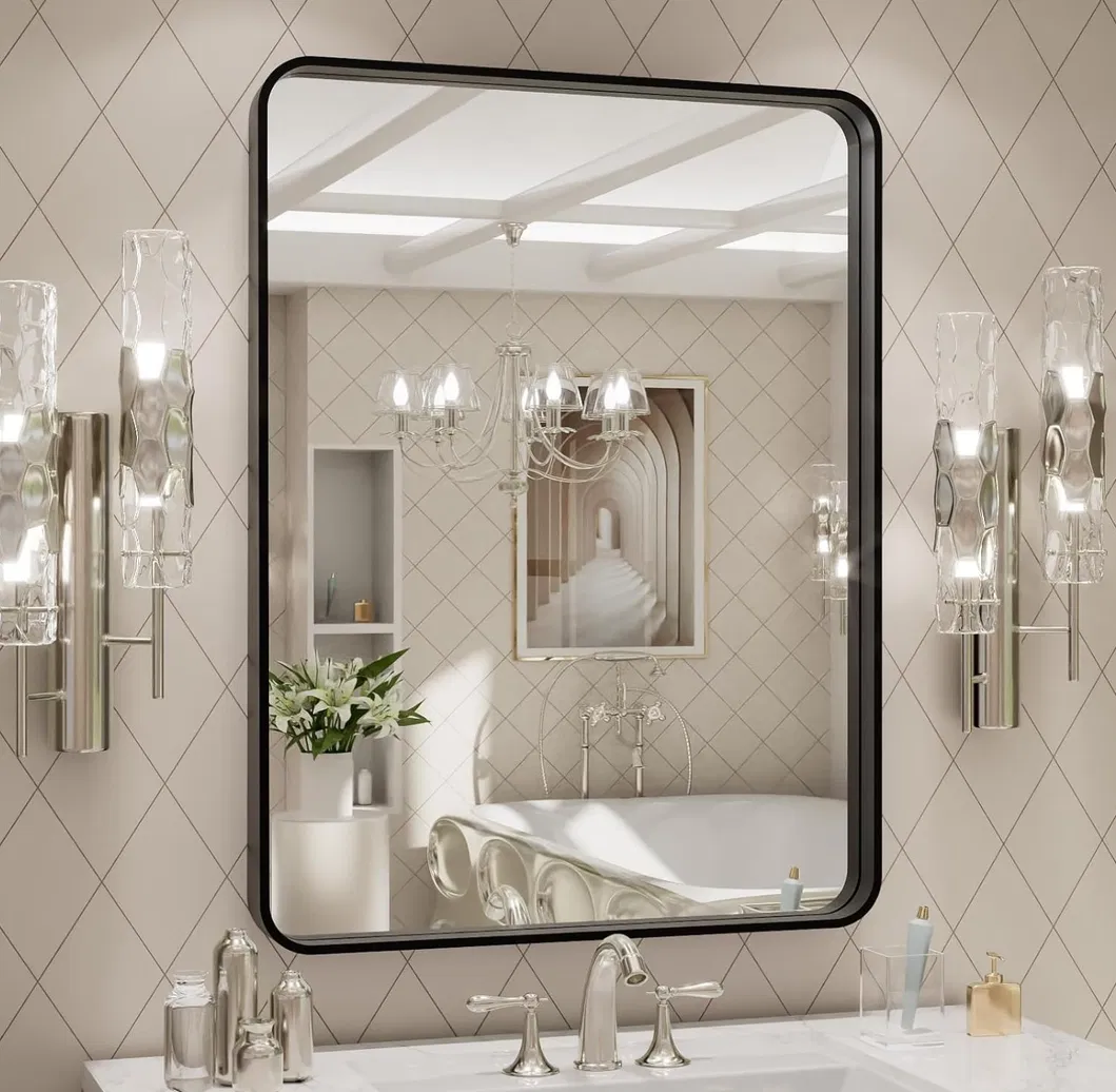 Modern Metal Framed Rectangular Round Shape Bathroom Decorative Wall Mirror