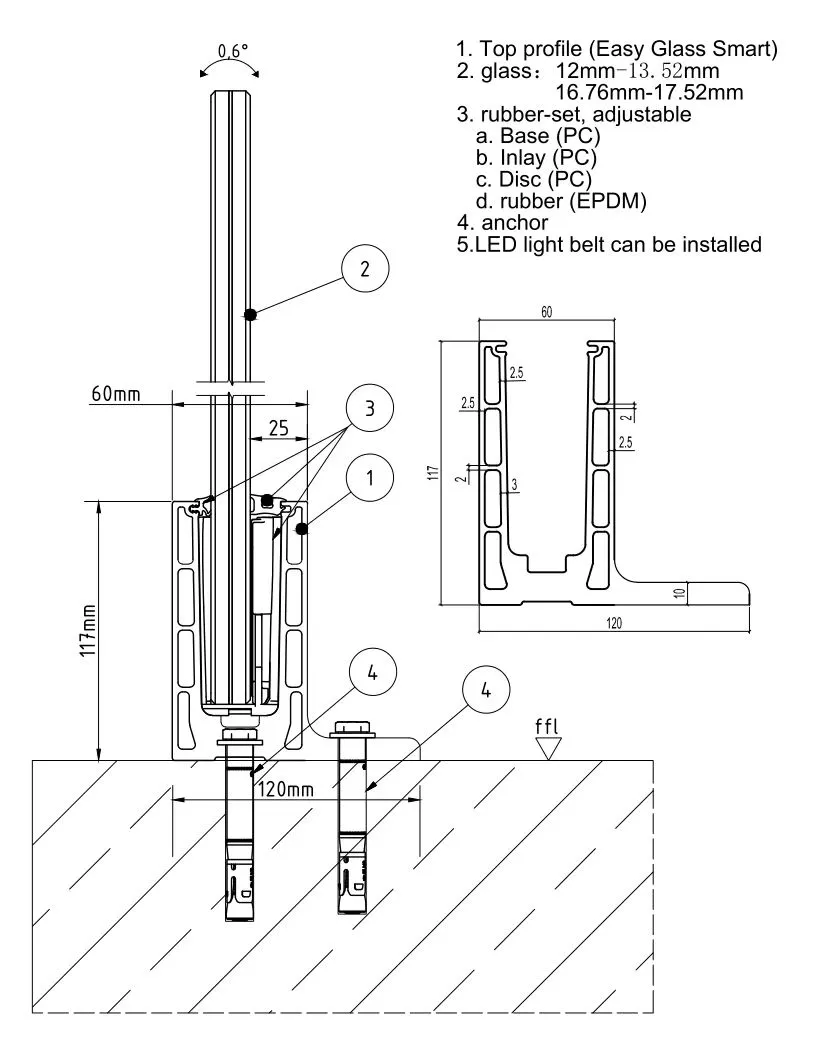 Top and Fascia Tempered Laminated Glass Balustrade Aluminium Profile Railing Balcony Stair