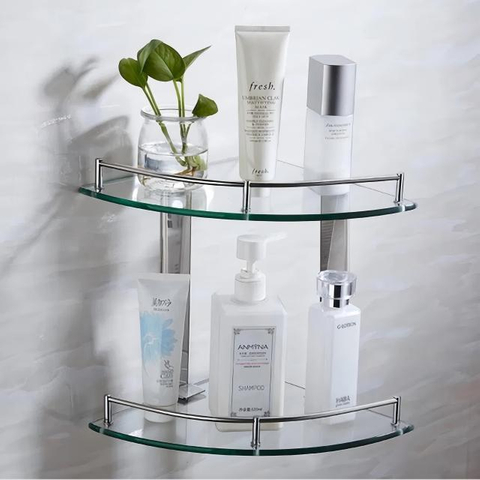 Wall Mounted One Tier Two Tier Glass Bathroom Corner Shelves Shower Room