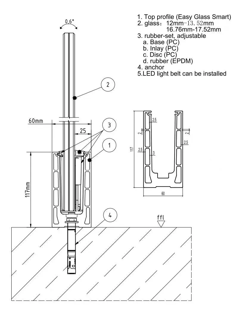 Floor Mount Fascial Mount Aluminium U Channel Profile with Cap Cover